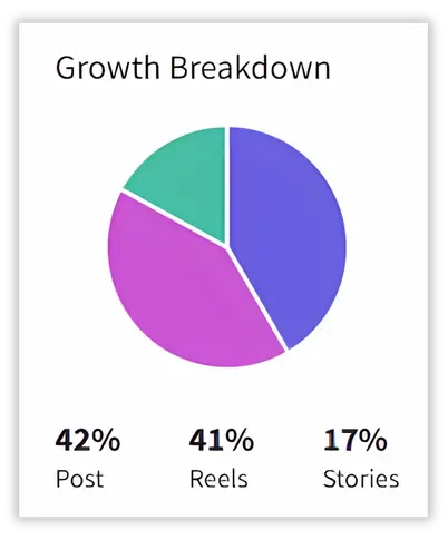 Social media growth breakdown pie chart: Posts 42%, Reels 41%, and Stories 17%.