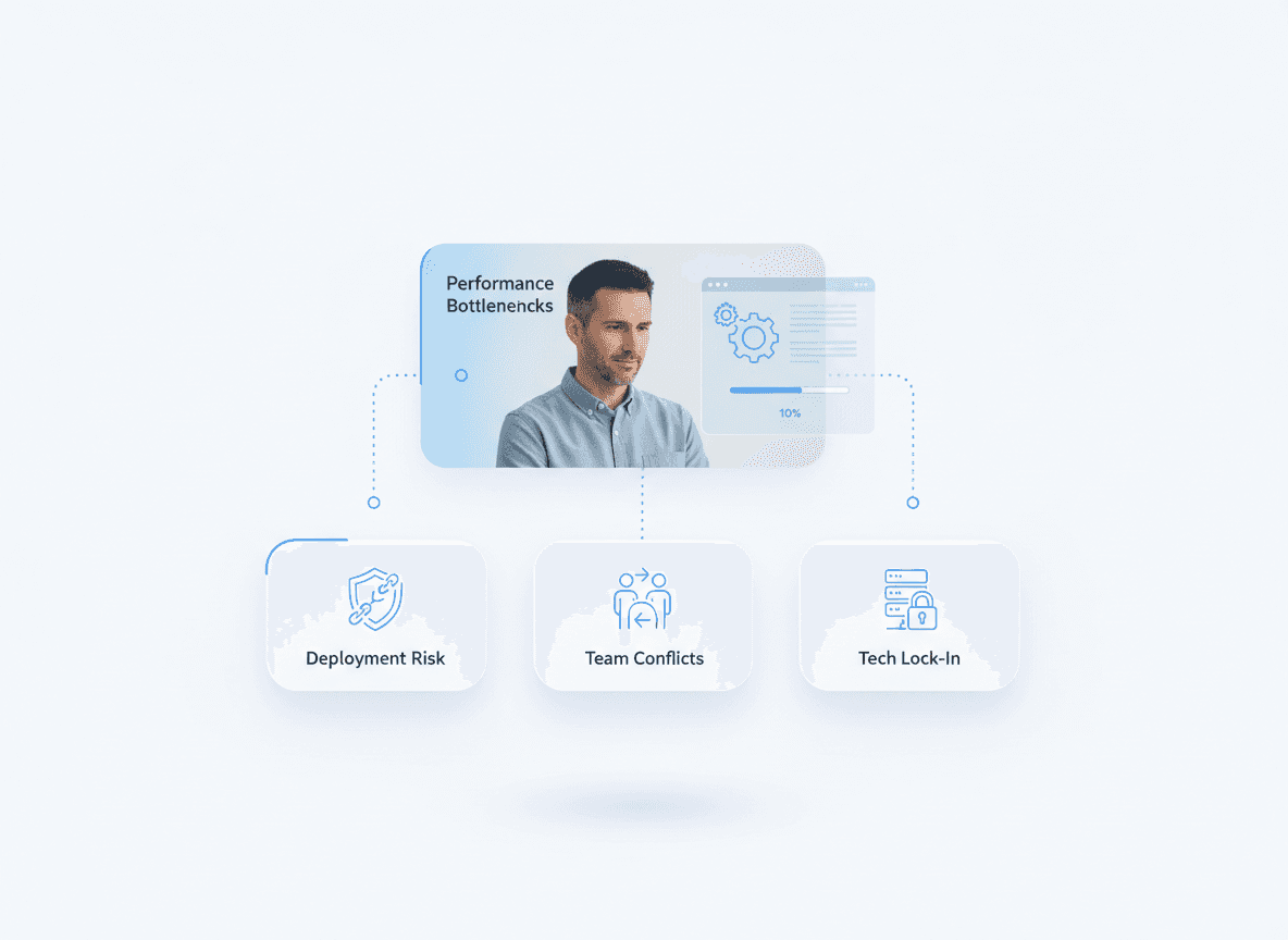 “Floating UI cards showing key monolithic frontend problems including performance bottlenecks, risky deployments, team conflicts, and technology lock-in for enterprise apps.”