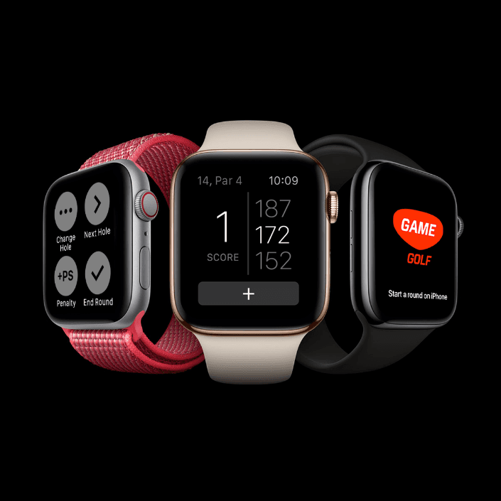 Three Apple Watches displaying dark interface screens with activity, health, and notification elements.