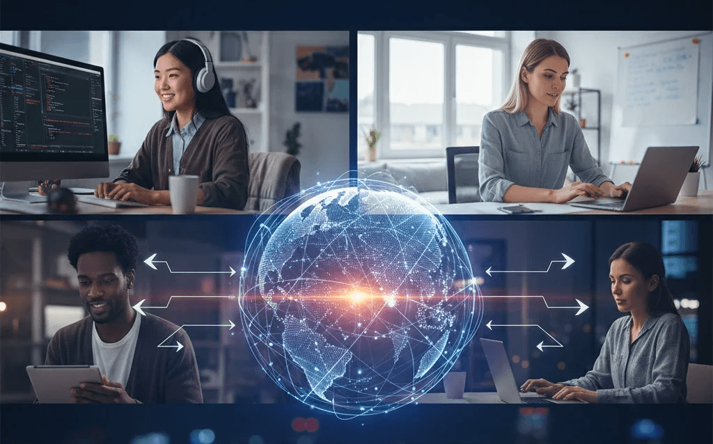 Global remote developers collaborating online with a connected digital globe