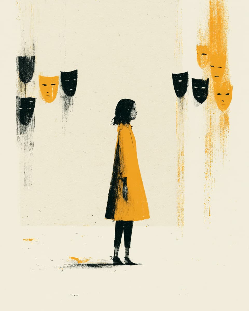 Illustration Frau steht vor Masken, Gefühl, Kunst, Gelb, Schwarz.