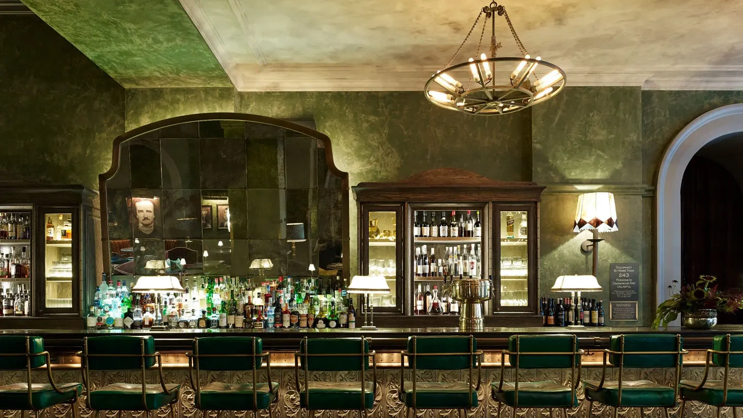 A well-lit, empty bar at the Beekman Hotel in New York City