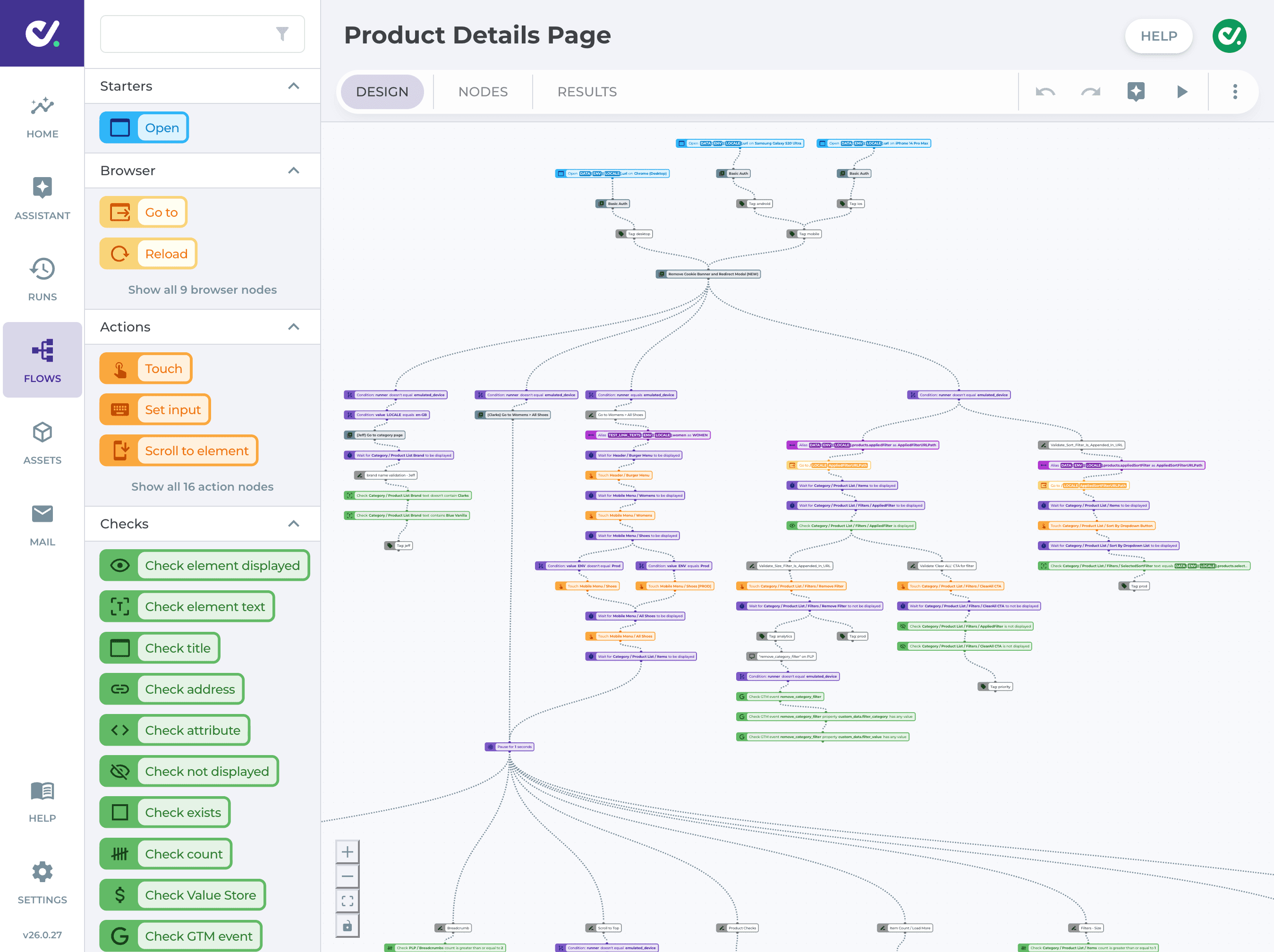 Visual test flow builder showing a branching login and password reset journey with actions, checks, and MFA steps.