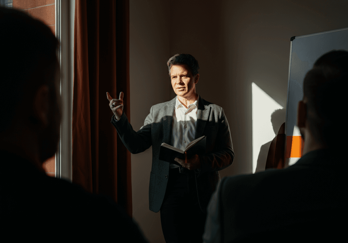 A male teacher giving a lecture to a group of students in a classroom setting.