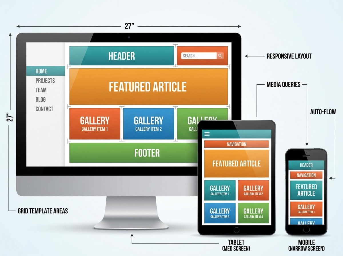 A flexible grid layout showing blocks of content resizing and repositioning - fully responsive design