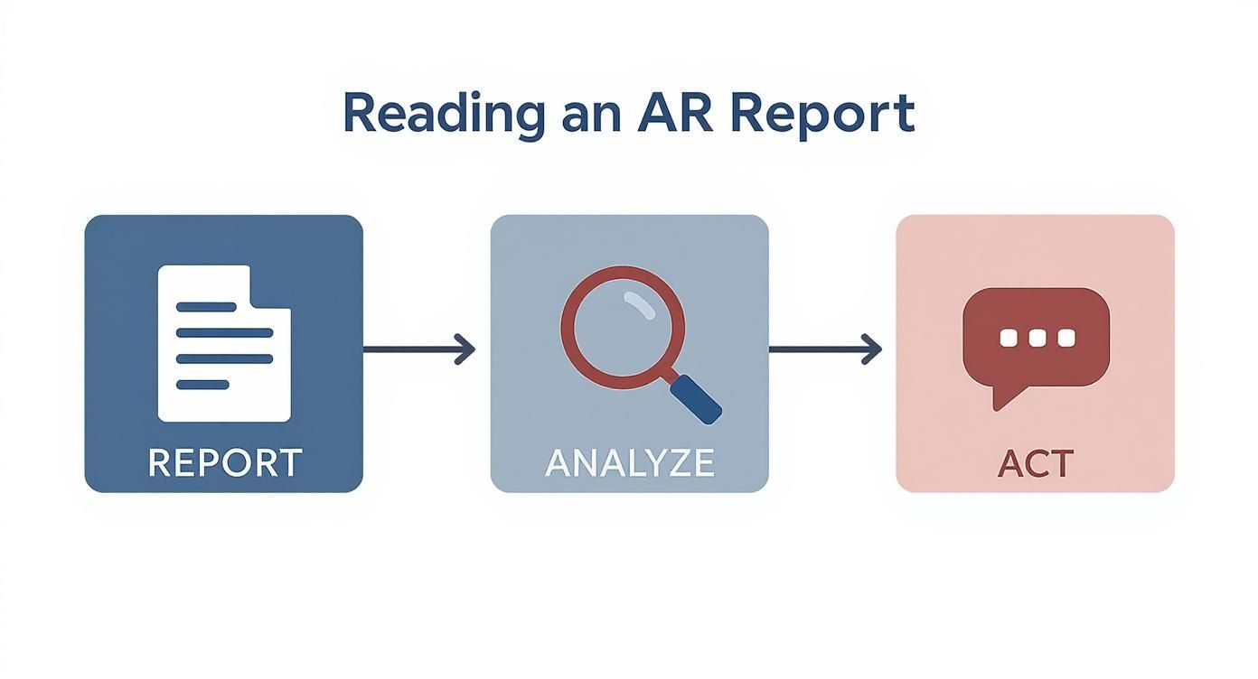 Three-step process flowchart showing report, analyze, and act stages for reading AR reports