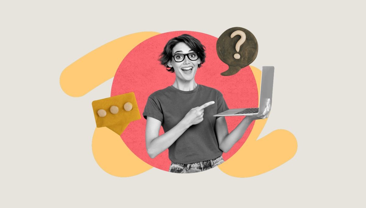 Stylized collage of person, laptop, and question mark icon, used to depict interview question generator platforms.