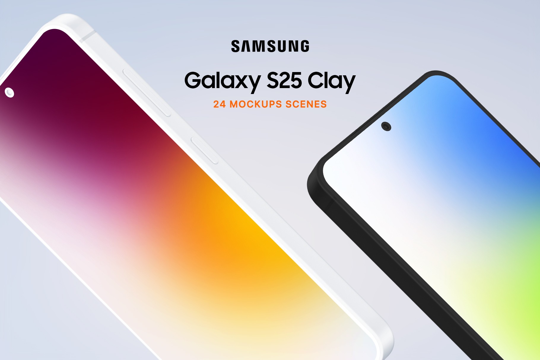 Galaxy S25 Clay-style smartphone mockup set featuring clean device angles with soft gradients and minimalistic design for UI and product presentations.
