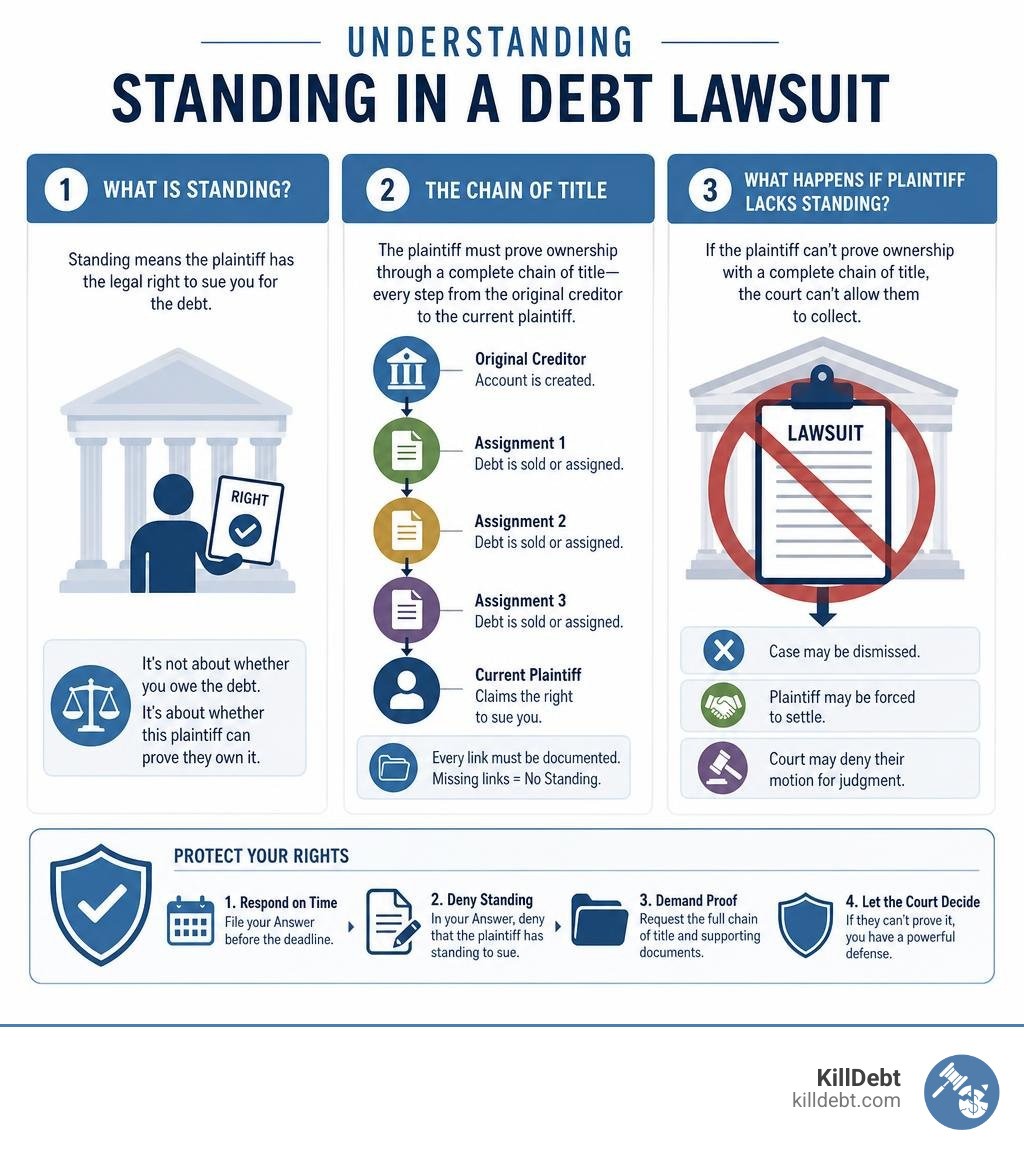 Infographic: What is standing in a debt lawsuit, chain of title, and what happens if plaintiff lacks standing infographic