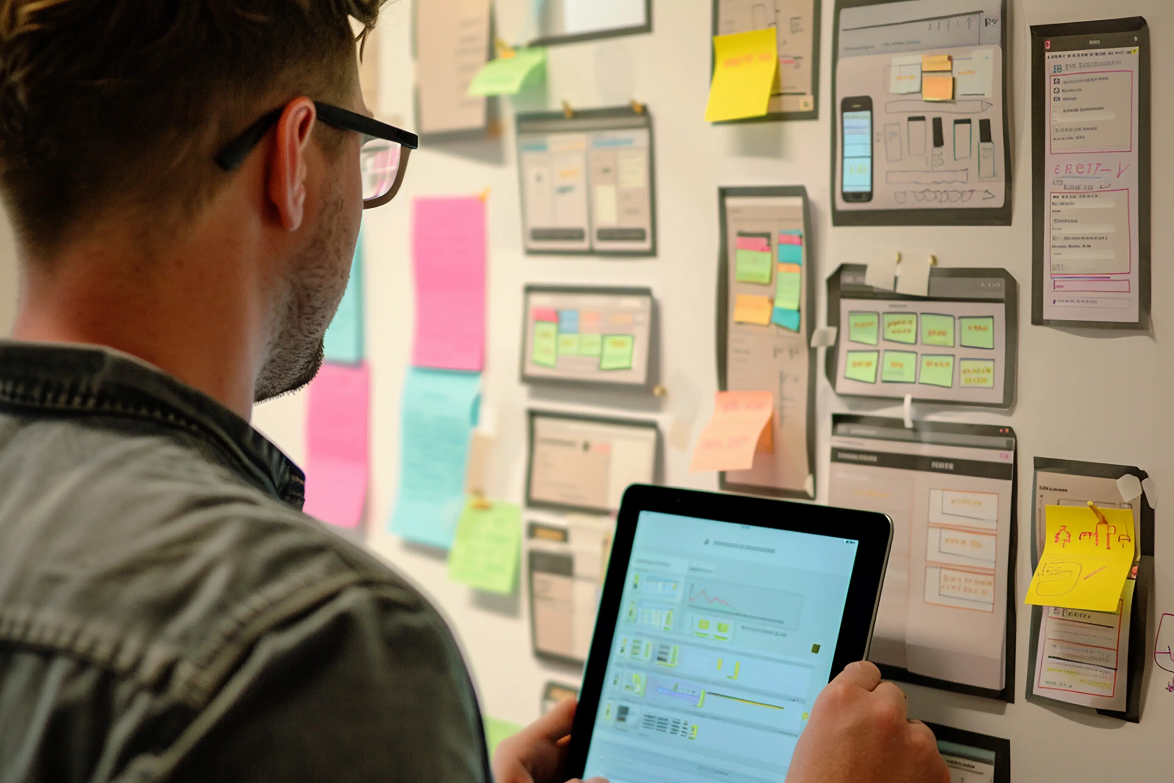 UX/UI designer reviewing a mobile app prototype on a tablet, with a wall of wireframes, sticky notes, and design mockups in the background.