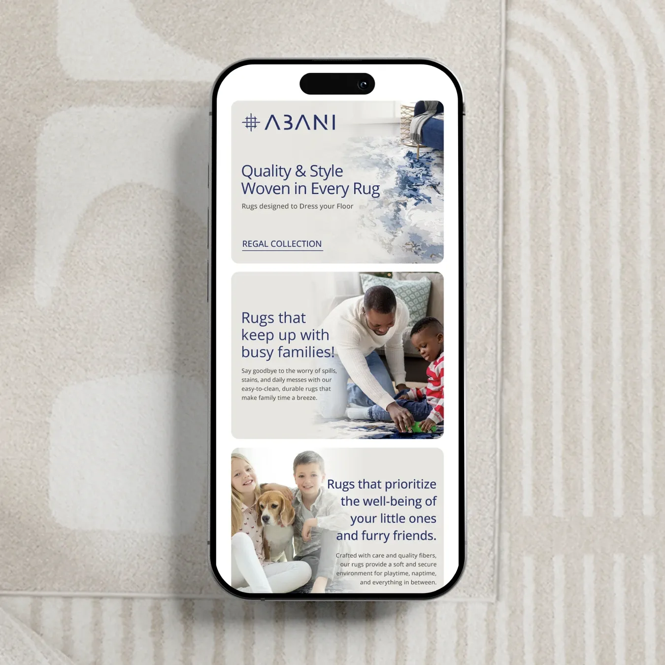 Mobile view of responsive A+ content design for Abani rugs
