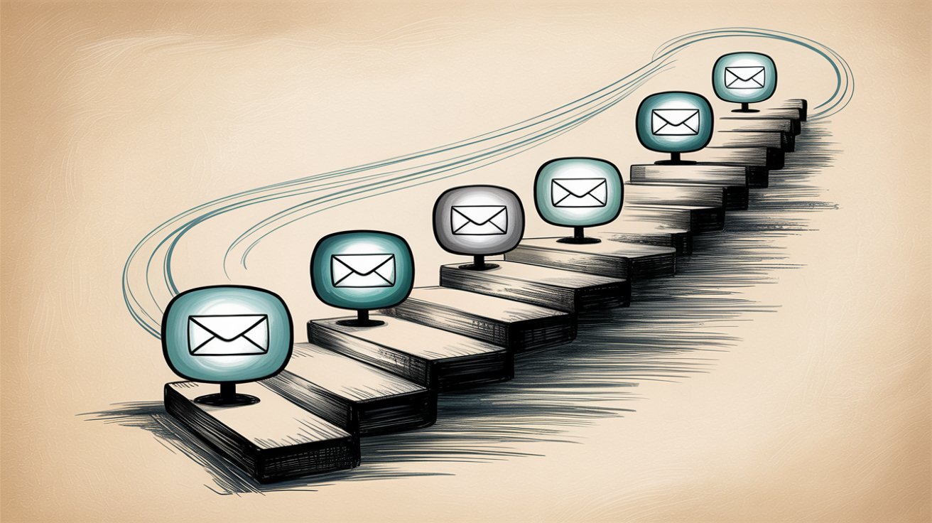 Email icons ascending steps illustrating gradual email domain warm-up process