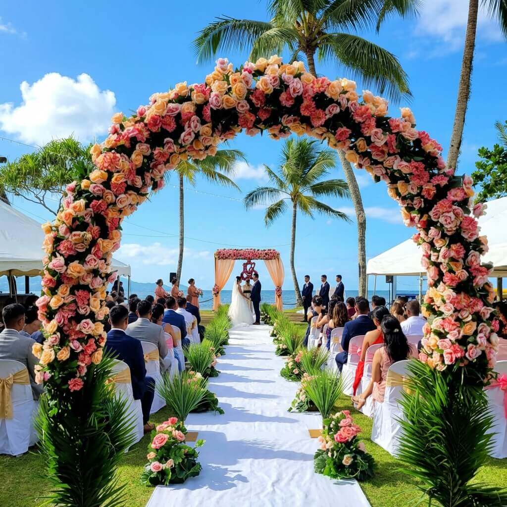 Beachfront wedding ceremony at Uprising Beach Resort under a large floral arch with guests and palm trees.