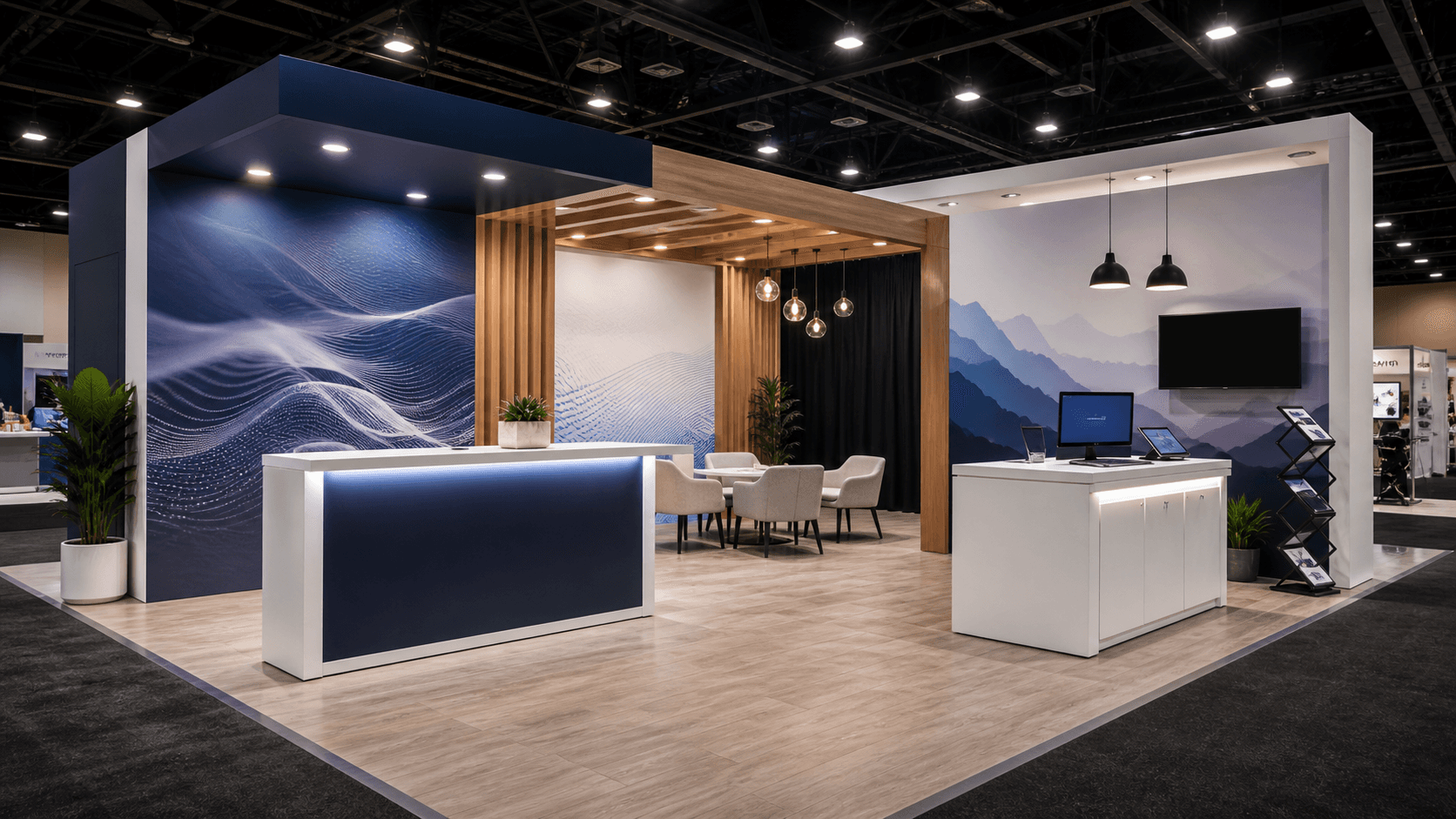 Customizable rental trade show booth in Las Vegas with branded walls, demo counter, and integrated meeting area for a polished show-floor presentation