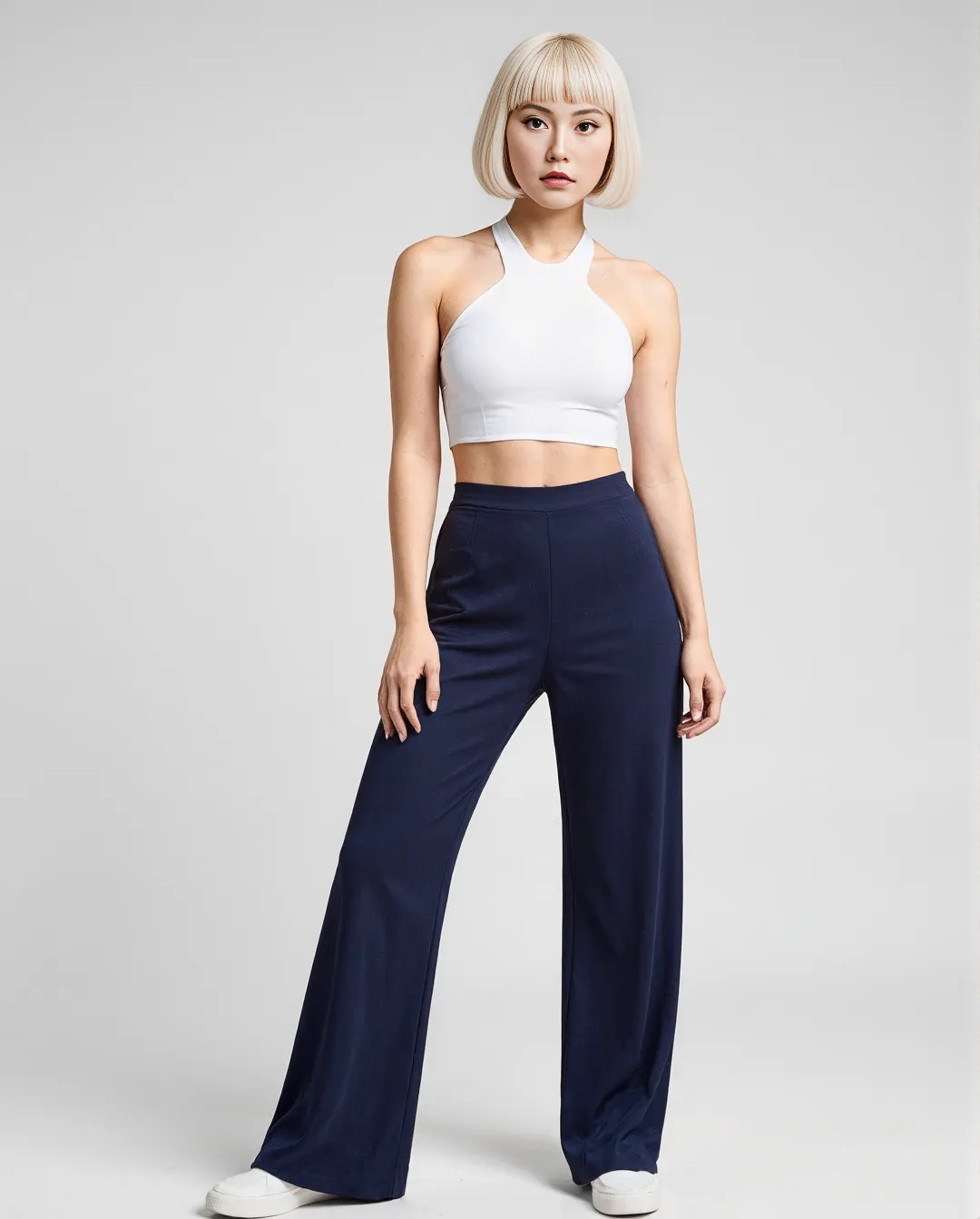 Studio fashion photograph featuring a white halter crop top paired with navy wide-leg pants against a clean, minimal gray background.