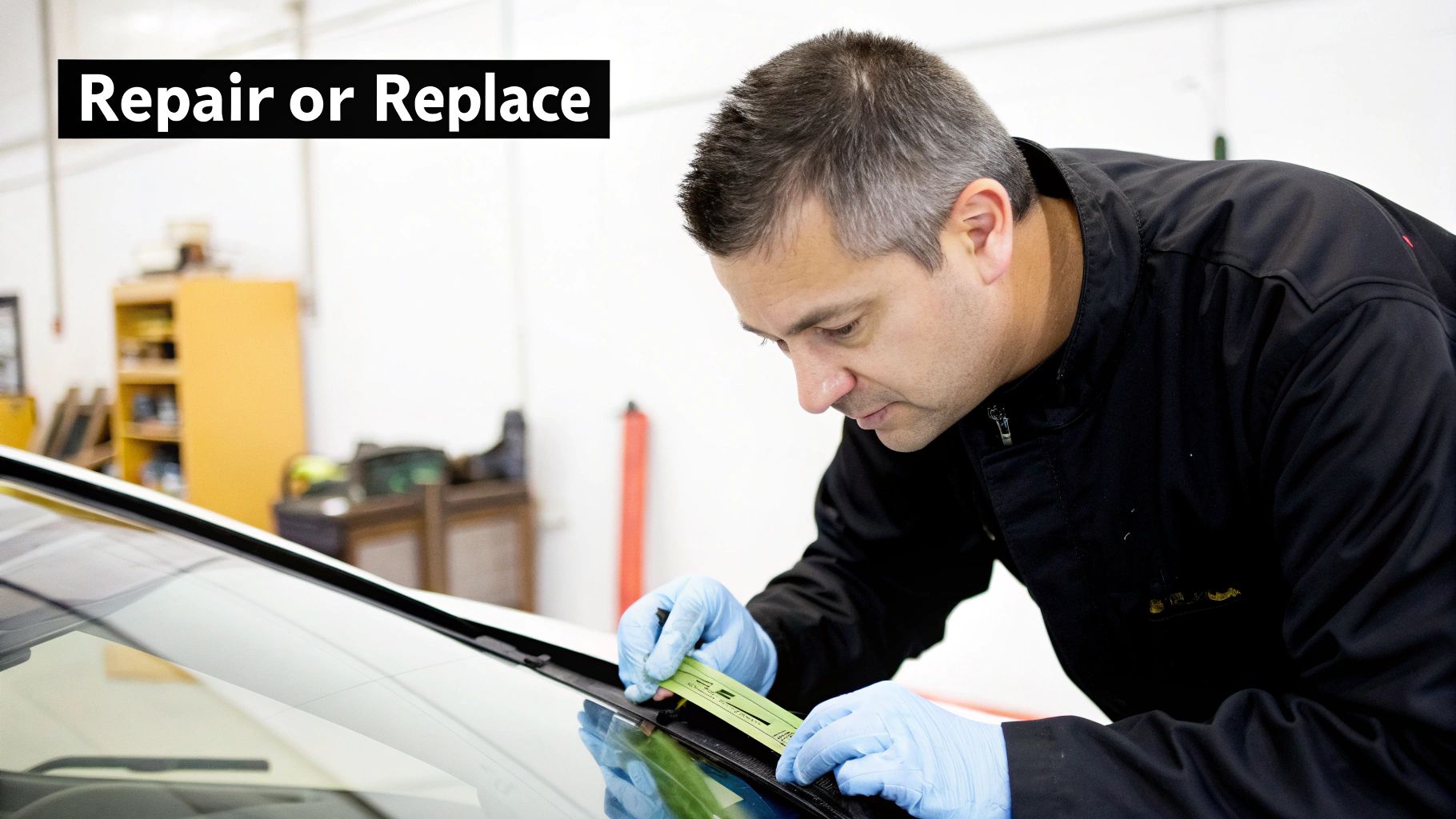 A technician examining a cracked windshield to decide between repair or replacement.