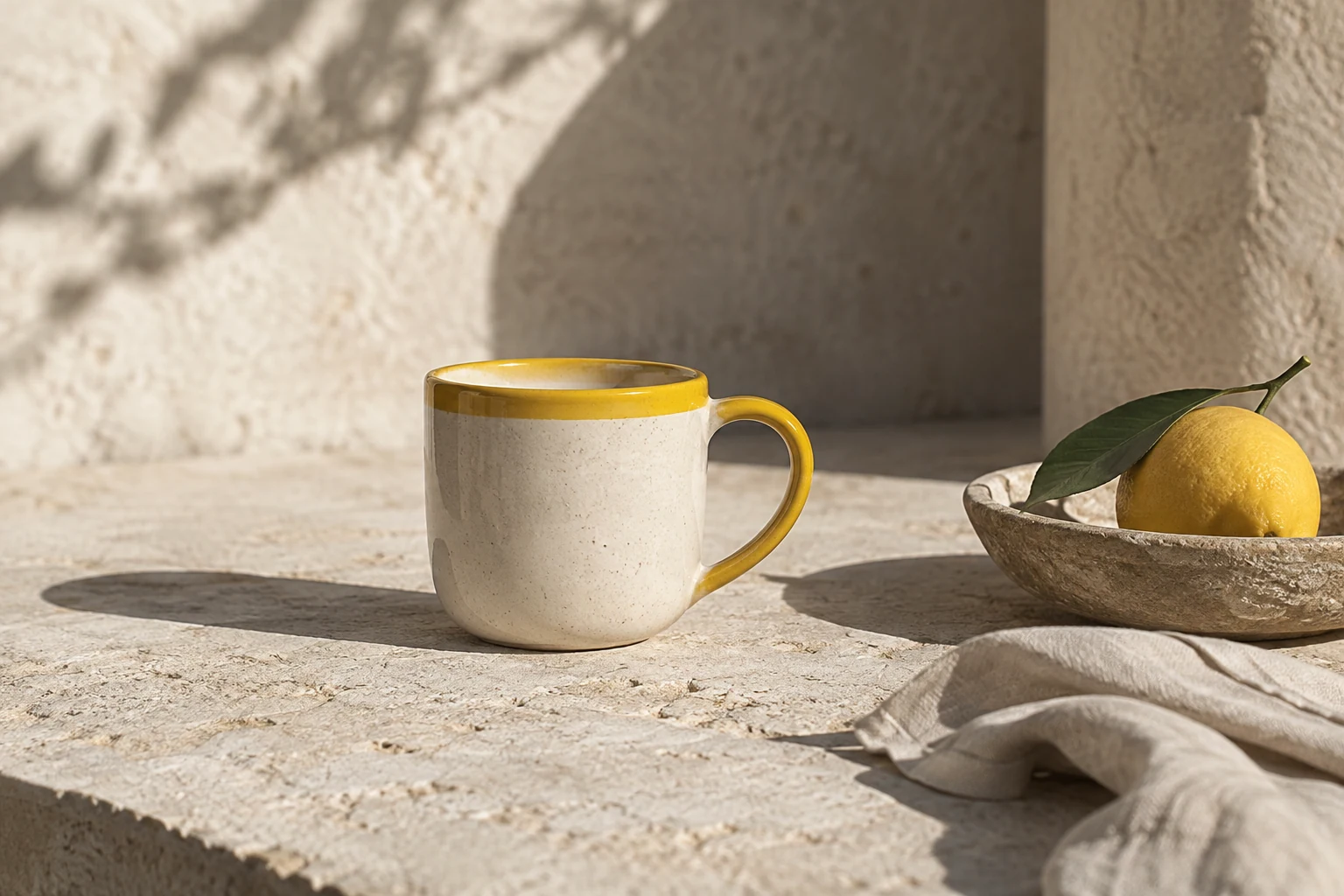 Handmade pale mug with a rich yellow rim and handle on sunny limestone, long soft shadow
