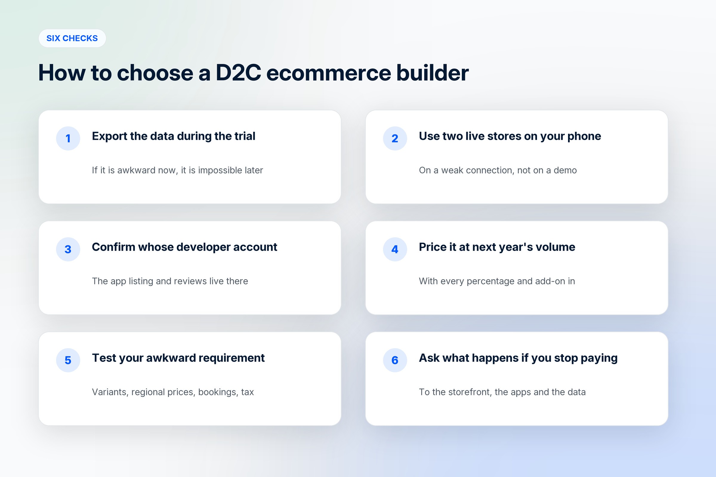 Six checks before choosing a D2C ecommerce builder, from exporting your data during the trial to asking what happens if you stop paying