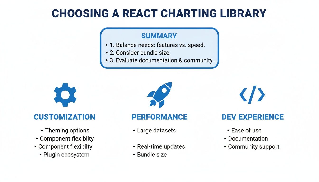 Diagram outlining key considerations for choosing a React charting library, including customization, performance, and developer experience.