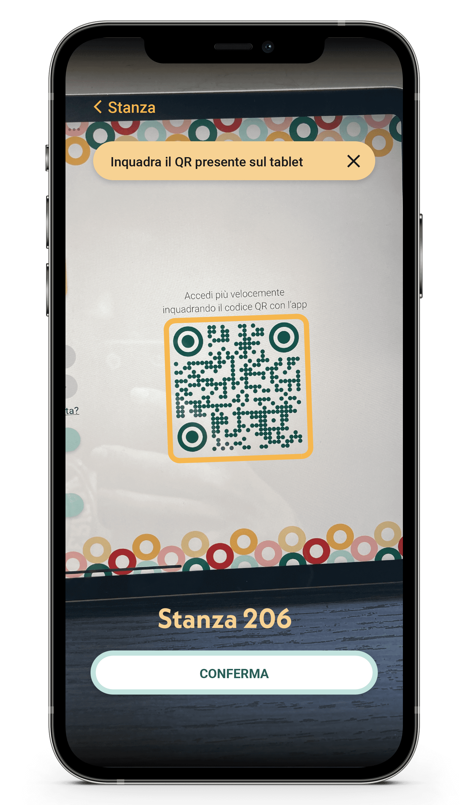 Schermata app, collegamento del tablet in camera con codice qr