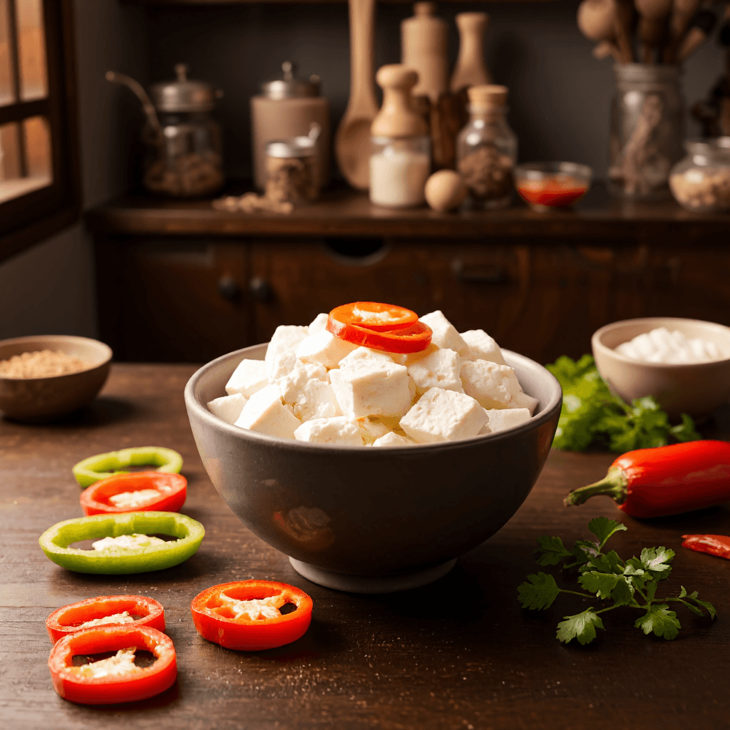 product photography of a bowl of soft tofu with sliced peppers for garnish
