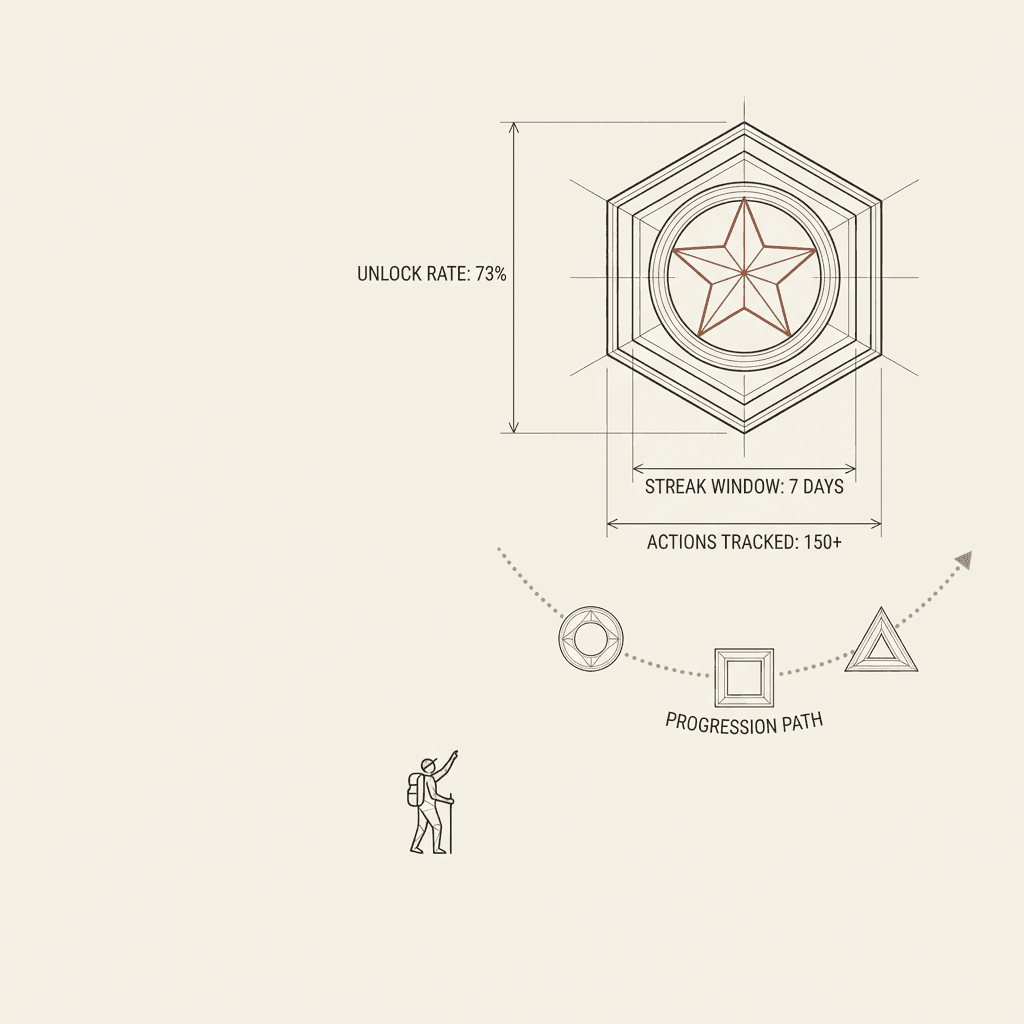 Ancient stone monument covered in glowing achievement medallions surrounded by lush overgrown ruins