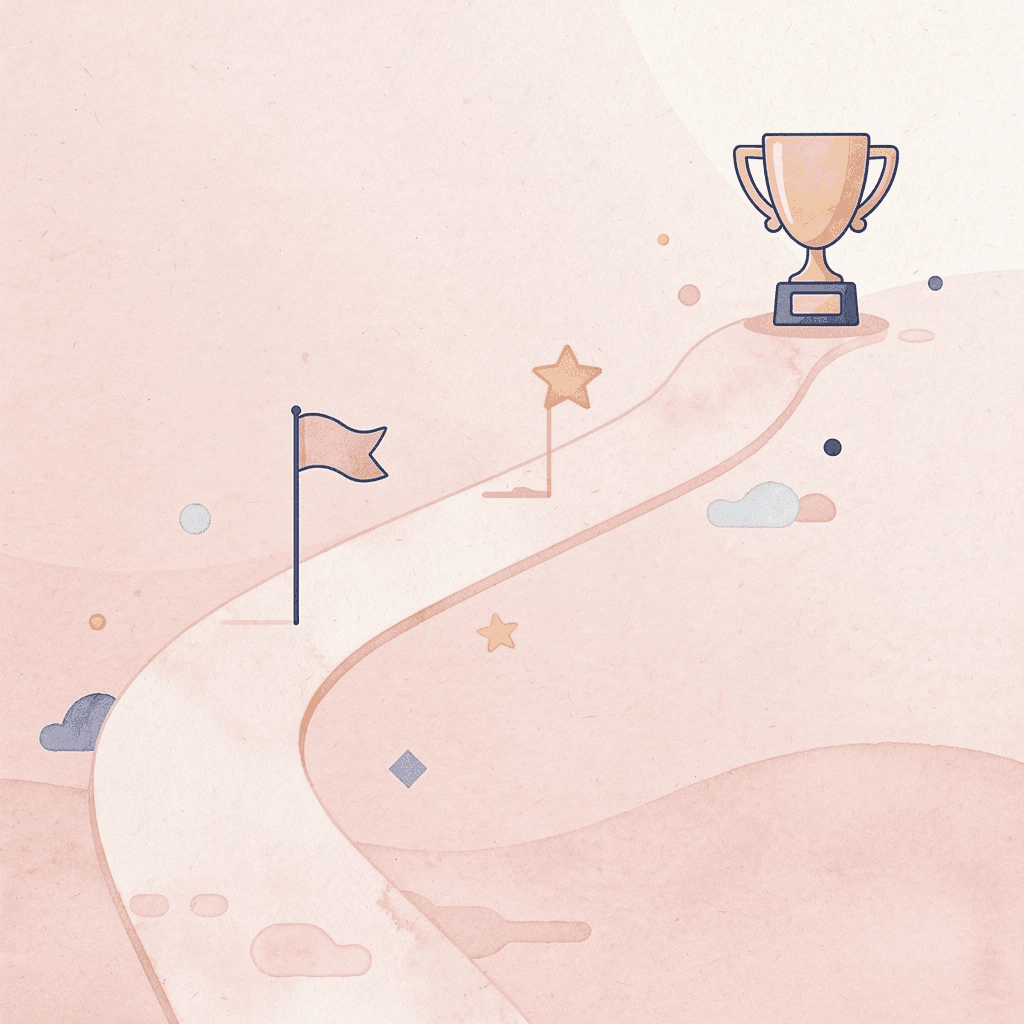 Winding path with milestone markers representing language learning journey