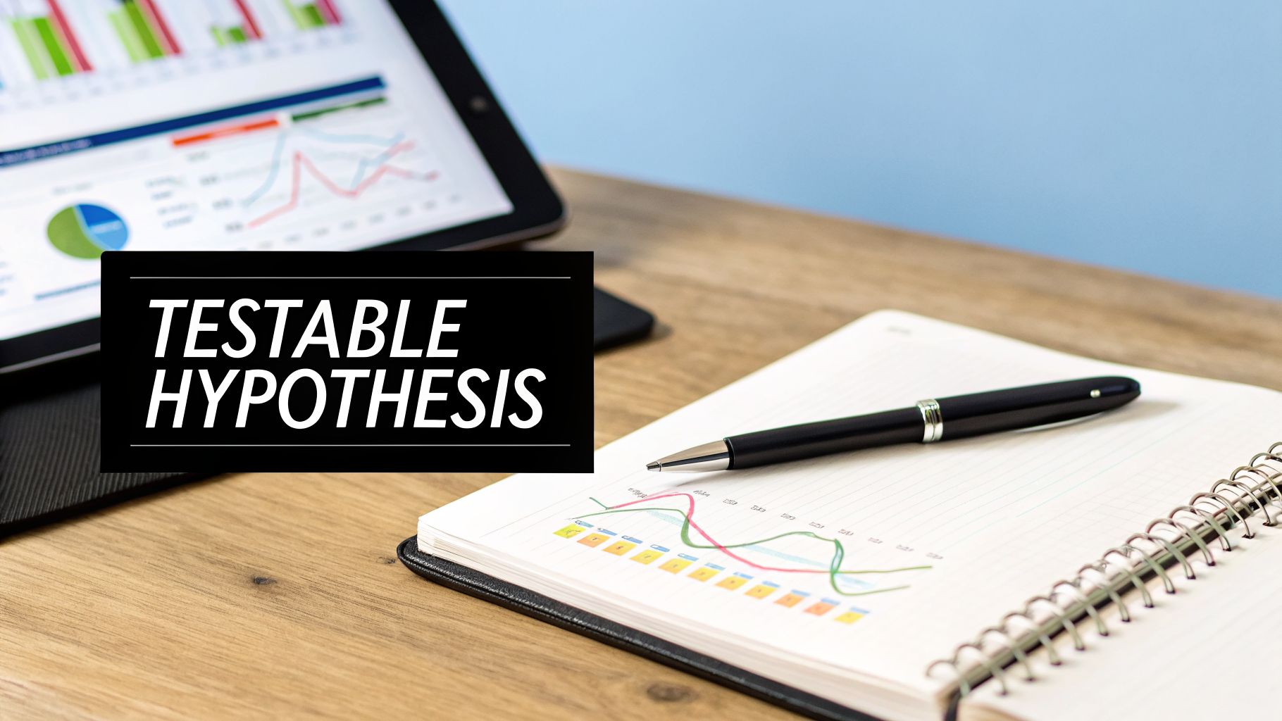 Testable Hypothesis text box on a desk with a tablet displaying graphs and a notebook with a pen.
