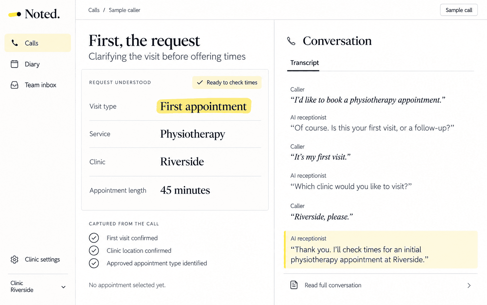 Noted identifies a first physiotherapy appointment at Riverside from the call transcript.