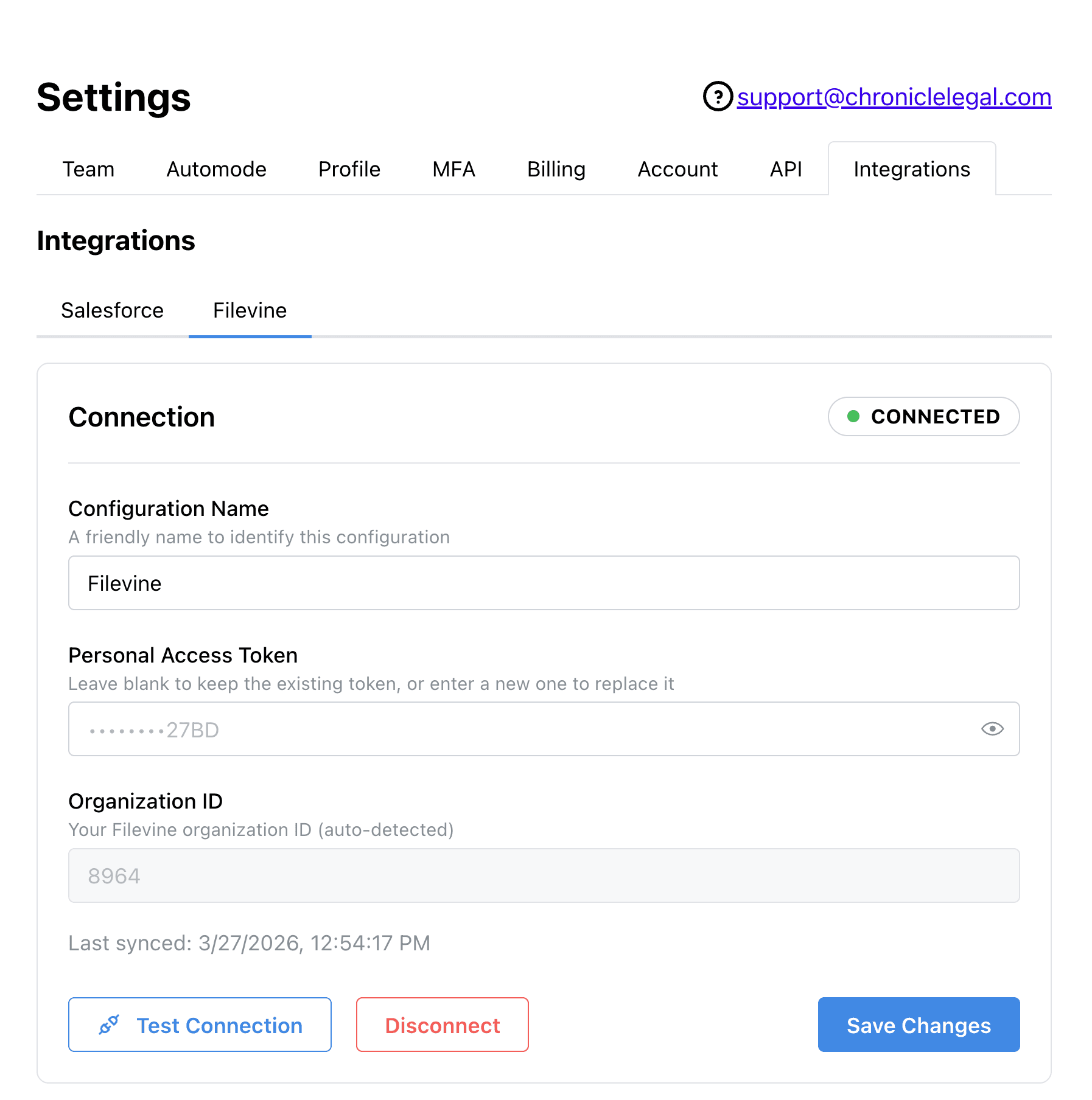 Chronicle Settings - Filevine connection