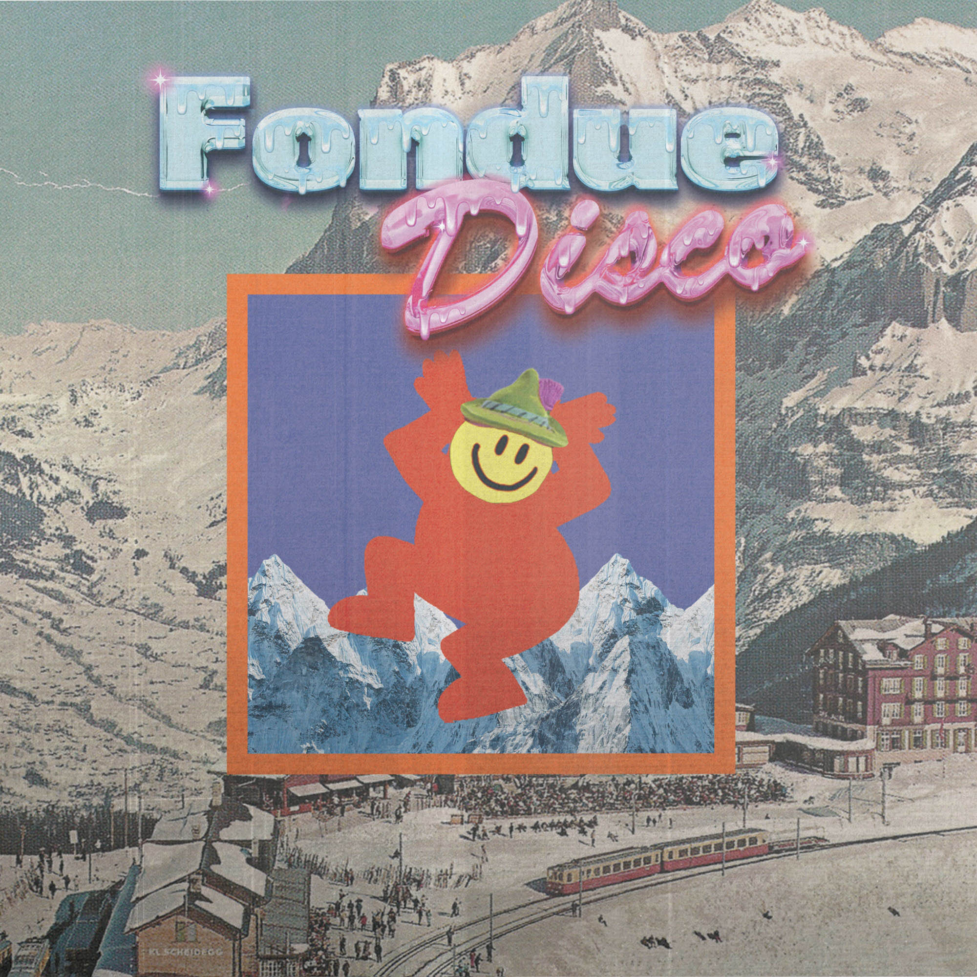 Collage with mountains, a train, and a cartoon character with 'Fondue Disco' text.