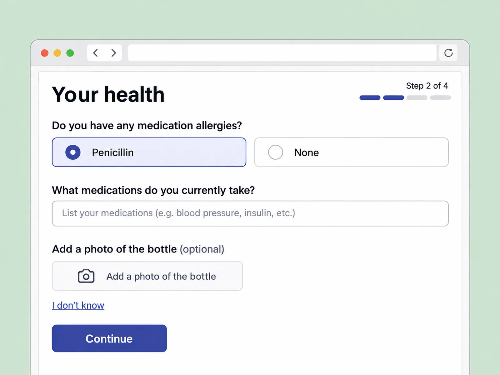 The new Clinica intake step: a short page headed Your health, with allergies, medication and a photo upload, and a progress bar showing step 2 of 4.