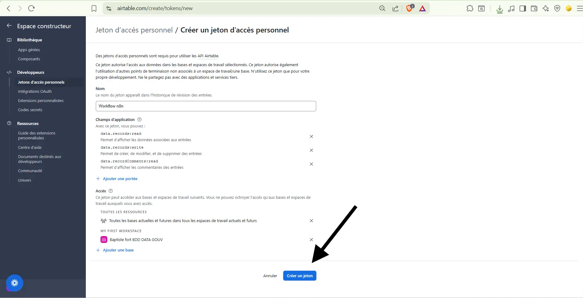 Exemple création token api airtable 