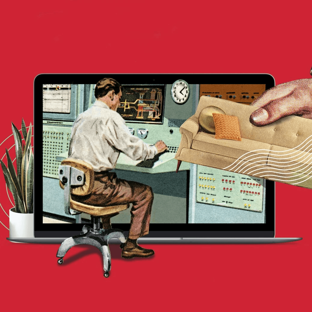 Hombre trabajando en una computadora vintage con fondo rojo y planta decorativa.