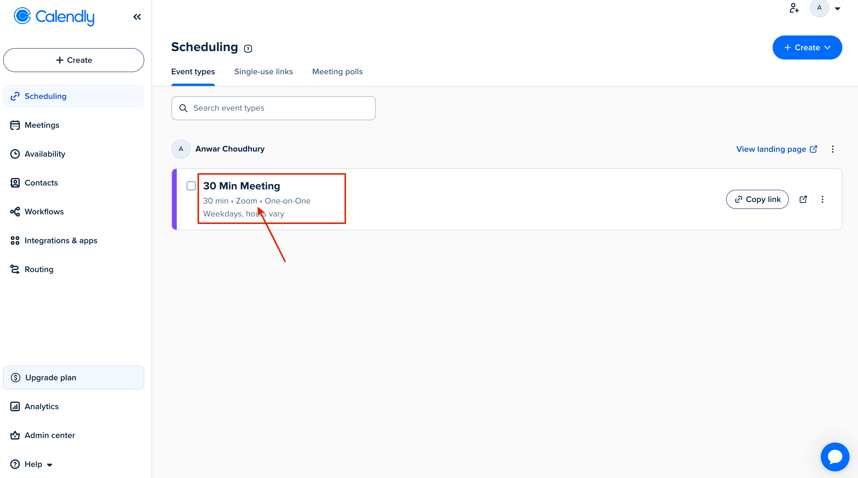 Calendly event types page showing meeting types with shareable booking links