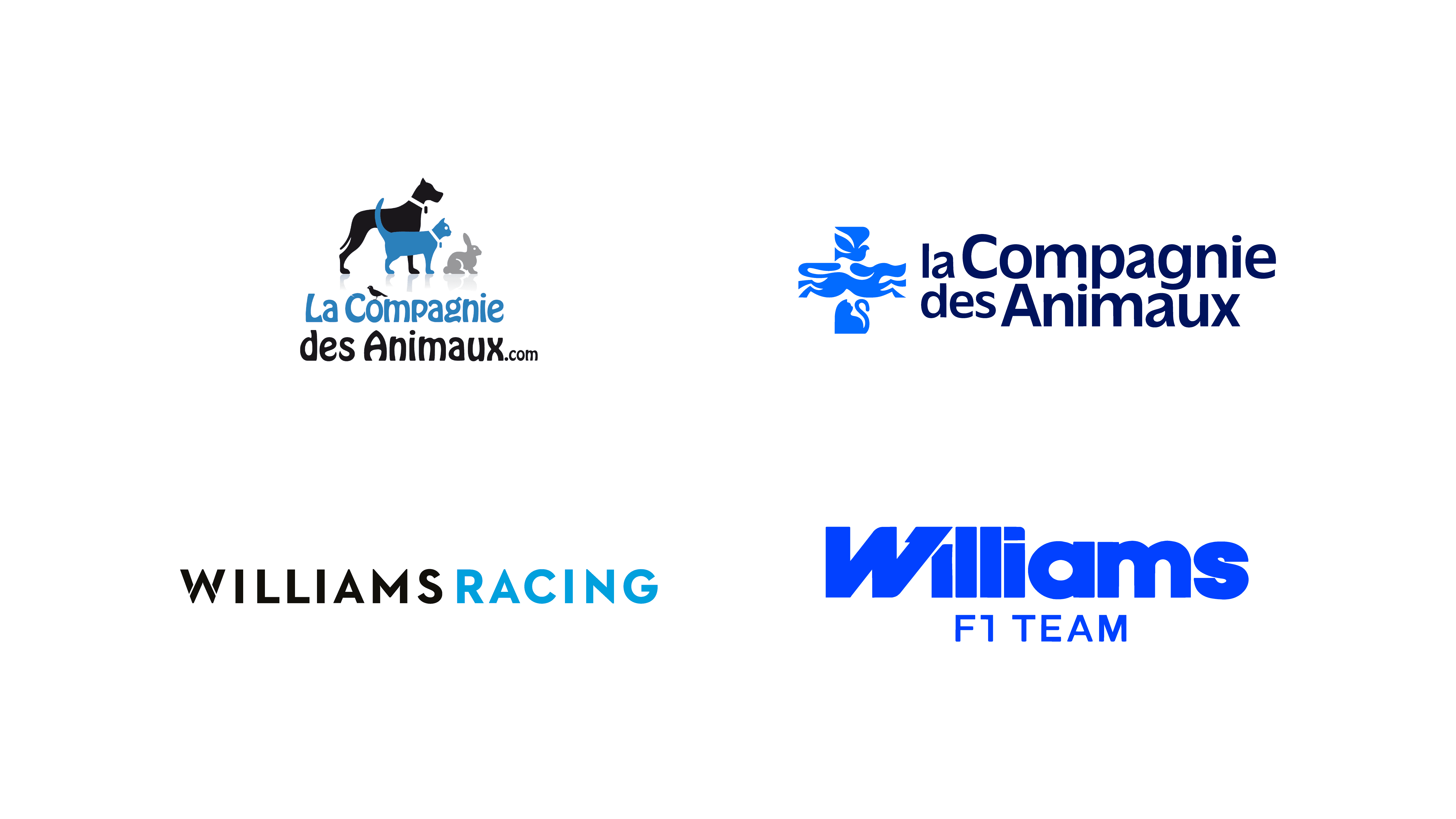 Logo comparisons for La Compagnie des Animaux and Williams Racing showing older marks next to 2025 updates.