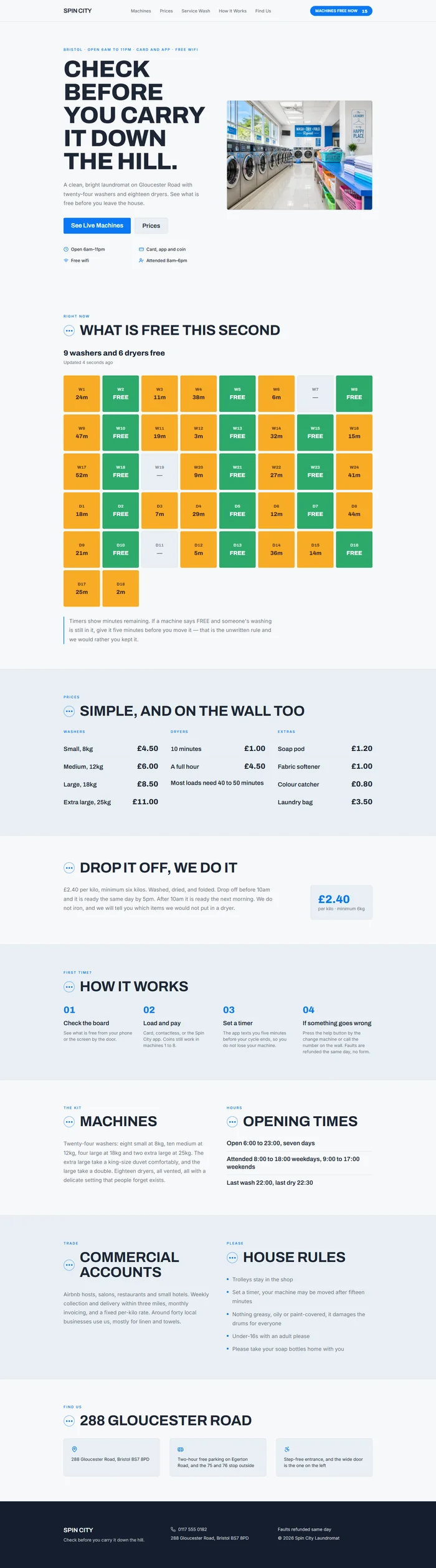 Full laundromat website design: machine hero, live board, prices, service wash, opening times