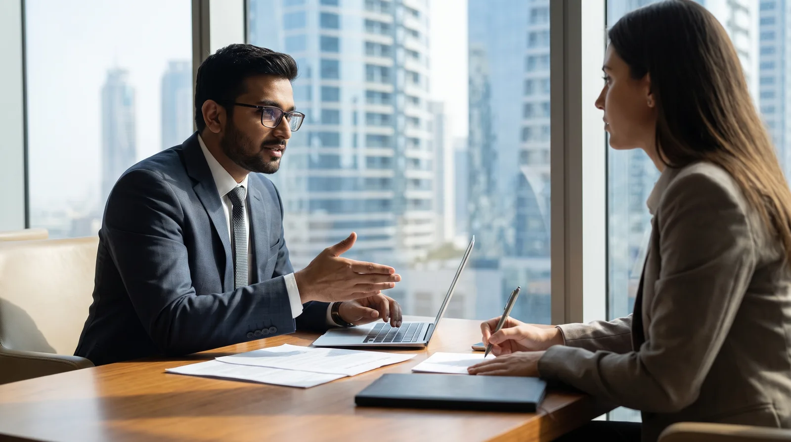 Indian founder discussing Dubai company ownership with an advisor at a modern office