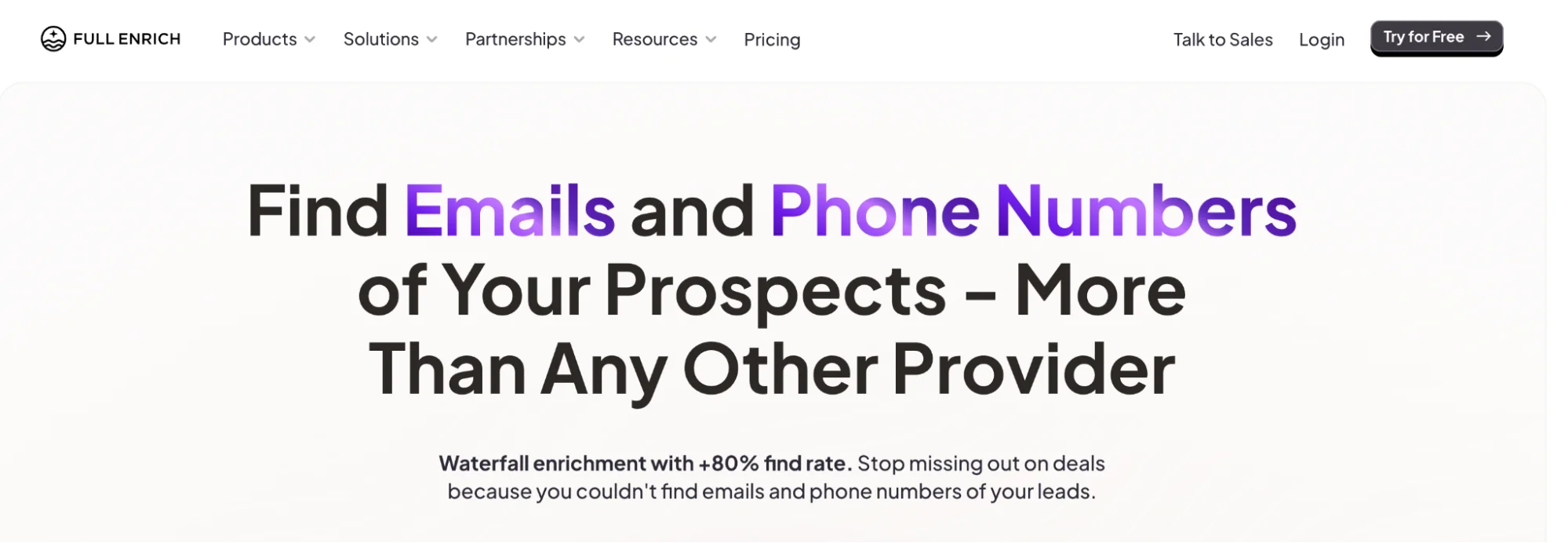 FullEnrich homepage: waterfall B2B contact enrichment tool