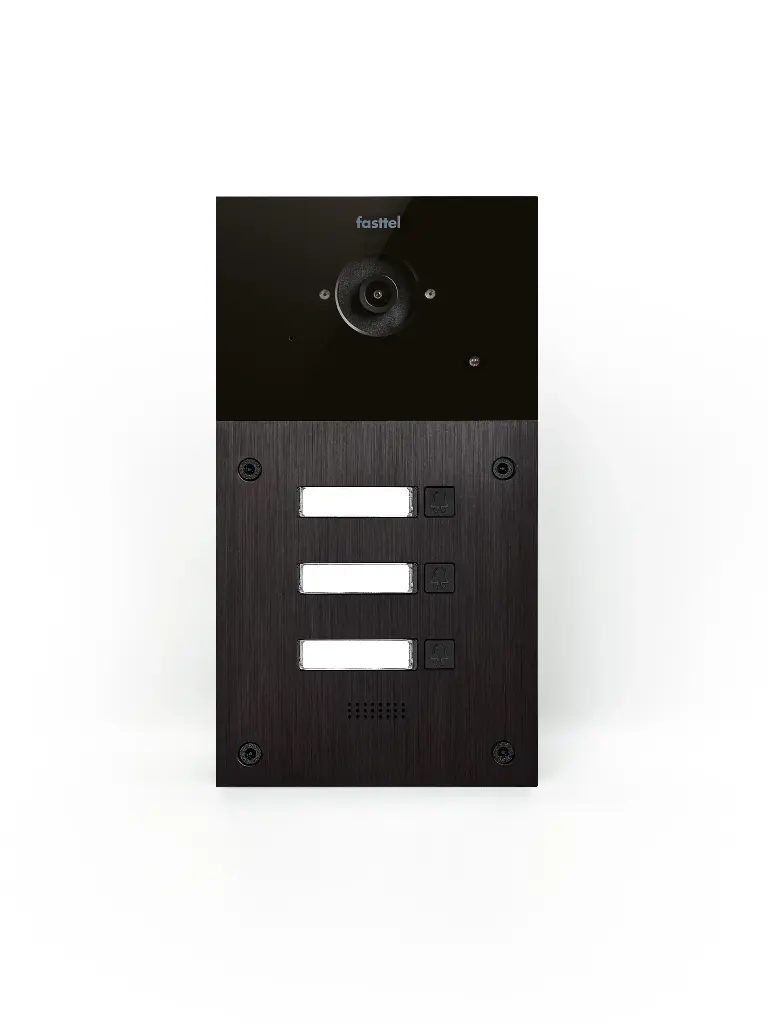 Black smart home device with screen showing time and temp