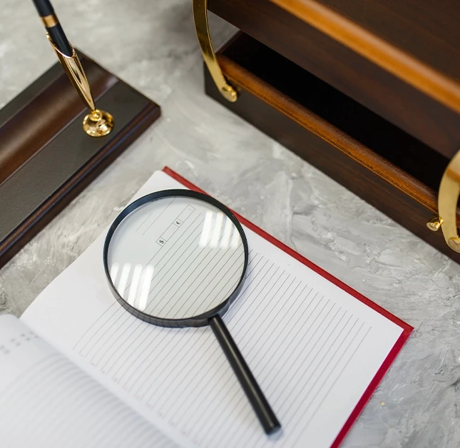 Attorney’s desk with pen, magnifying glass, and notebook representing legal research and case review