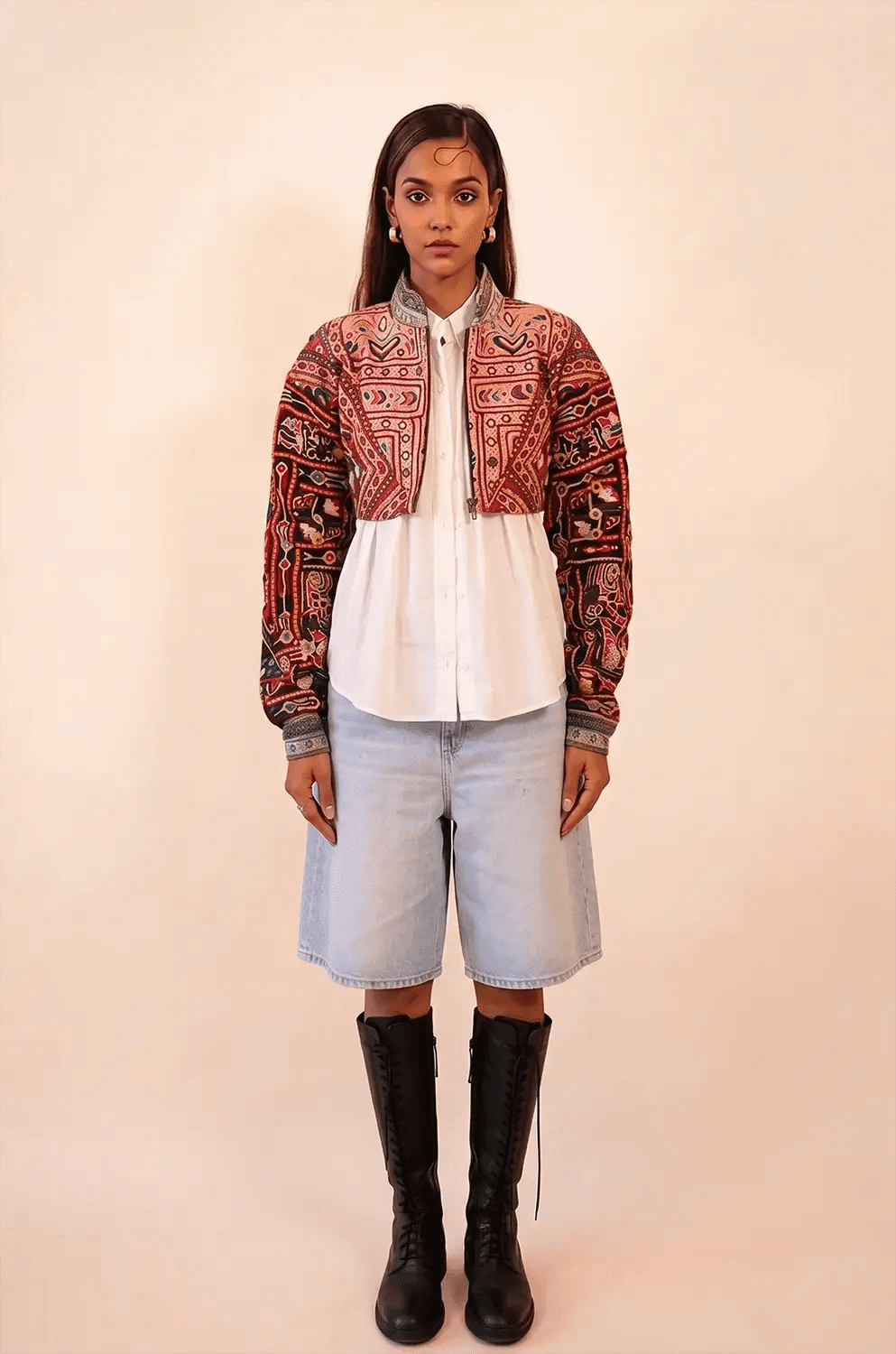 Cropped Chola Jacket III handcrafted from Rabari cholas with vintage silk sari lining, dropped shoulders and relaxed fit.
