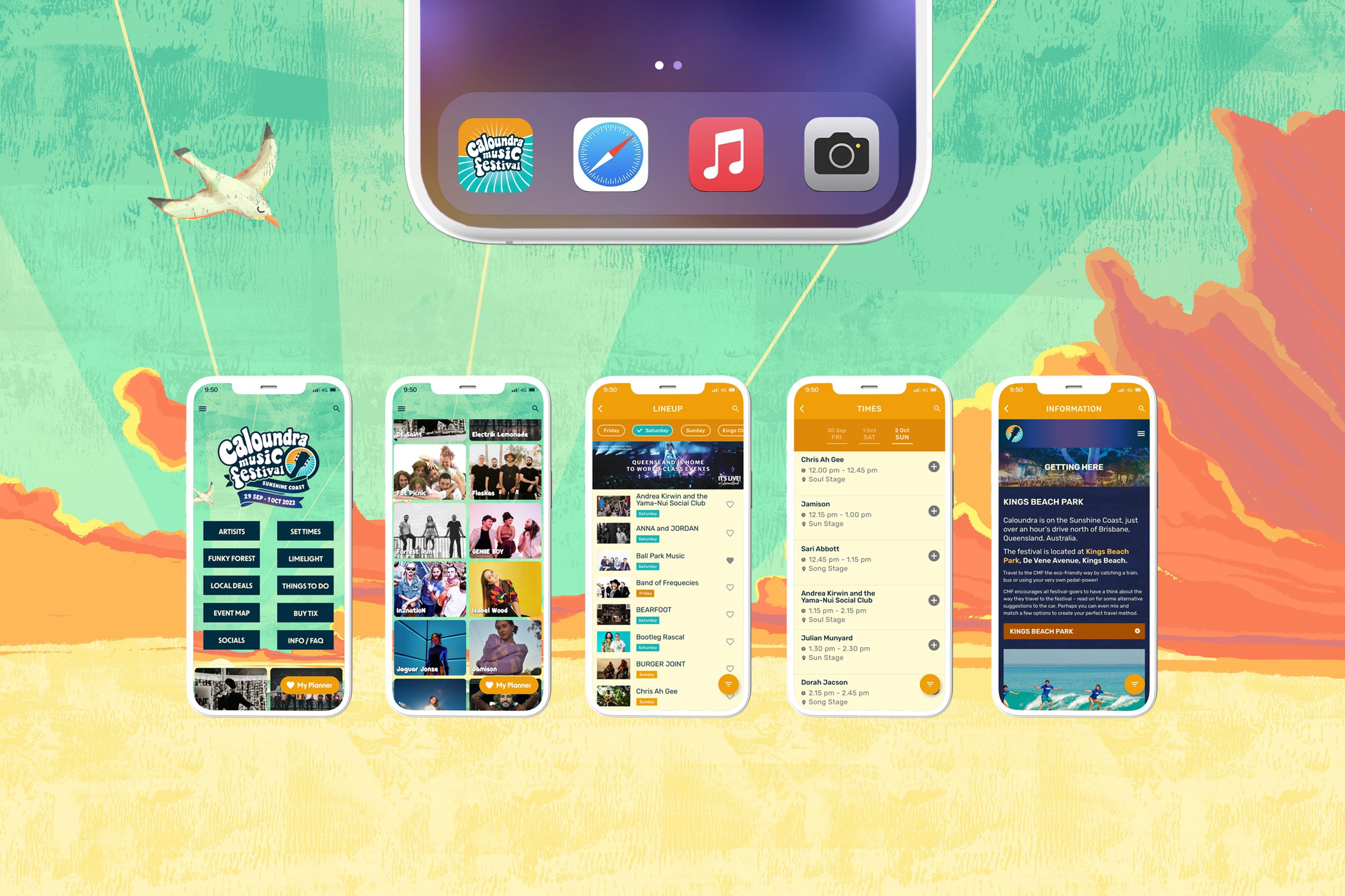 Music festival phone app UI layout showcasing schedule, map, and artist info