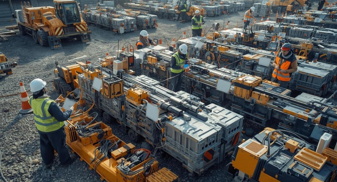 Workers organising and tracking tools across multiple project zones using QR codes.