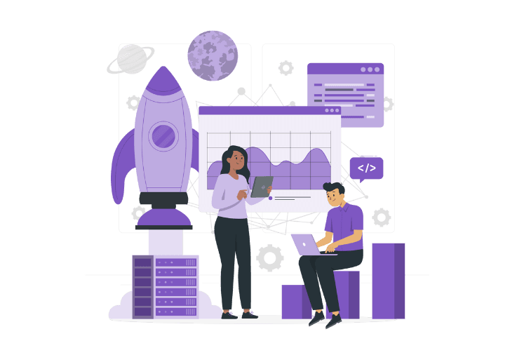Illustration of two people analyzing graphs and data next to a rocket and server stacks.