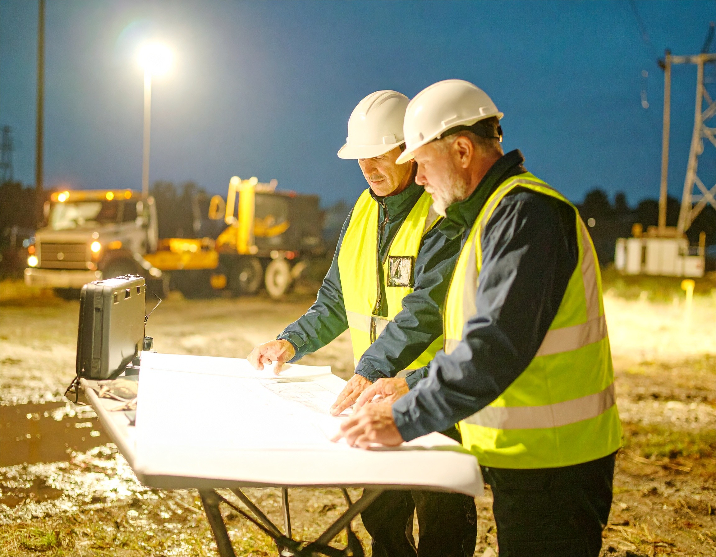 two technicians review a map with pop up lighting