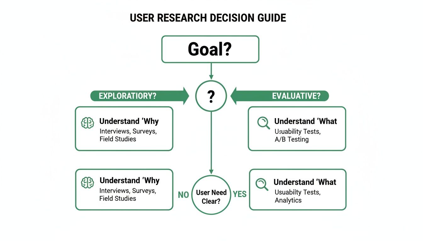 Flowchart illustrating a user research decision guide, choosing methods based on goals and user need clarity.