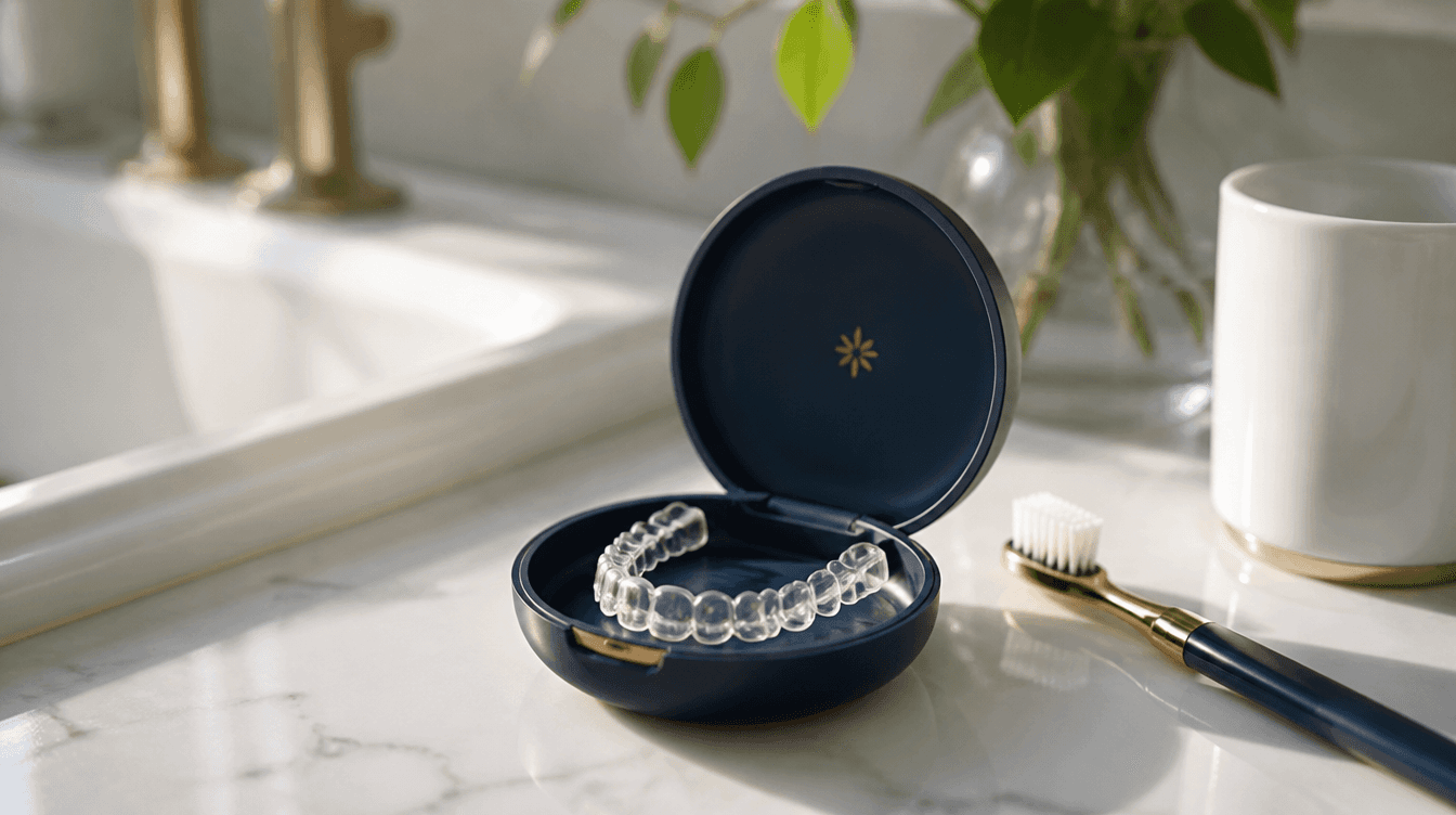 Invisalign aligner case on a marble bathroom counter at a Smyrna patient's home