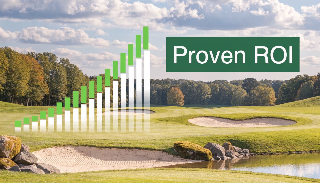 A digital bar chart illustrating growth superimposed over a scenic green golf course landscape.