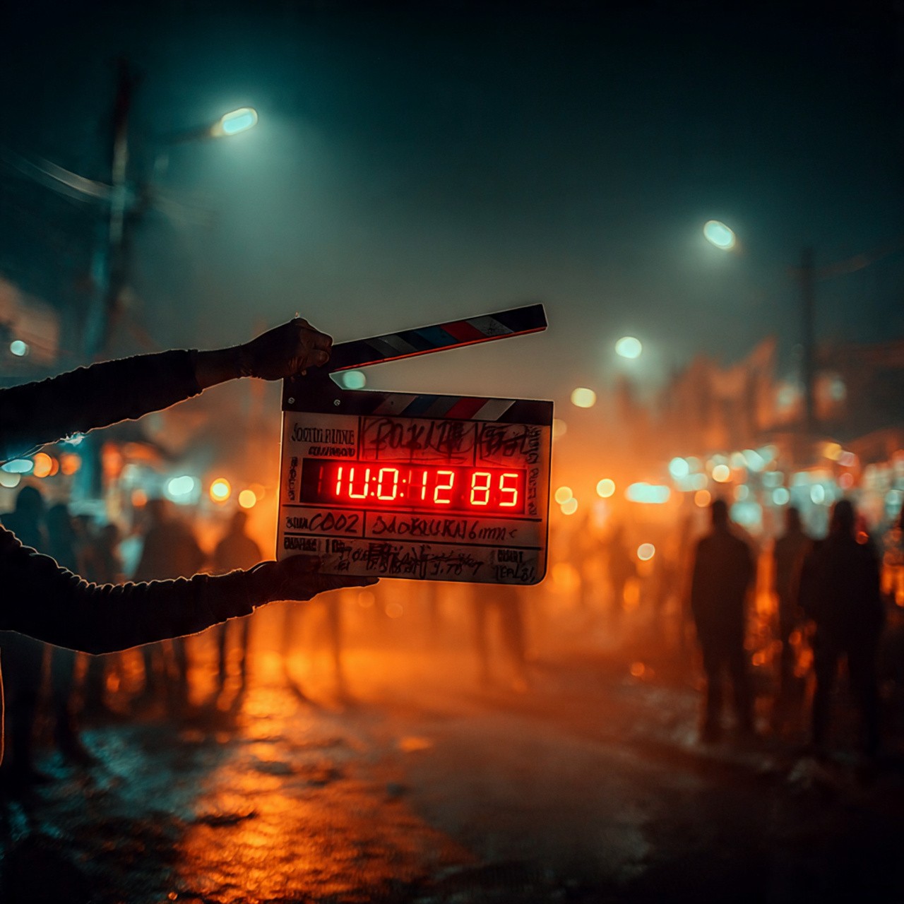 Film clapperboard in focus with glowing orange background, misty street, and silhouettes of people and lights; conveys mystery and anticipation.